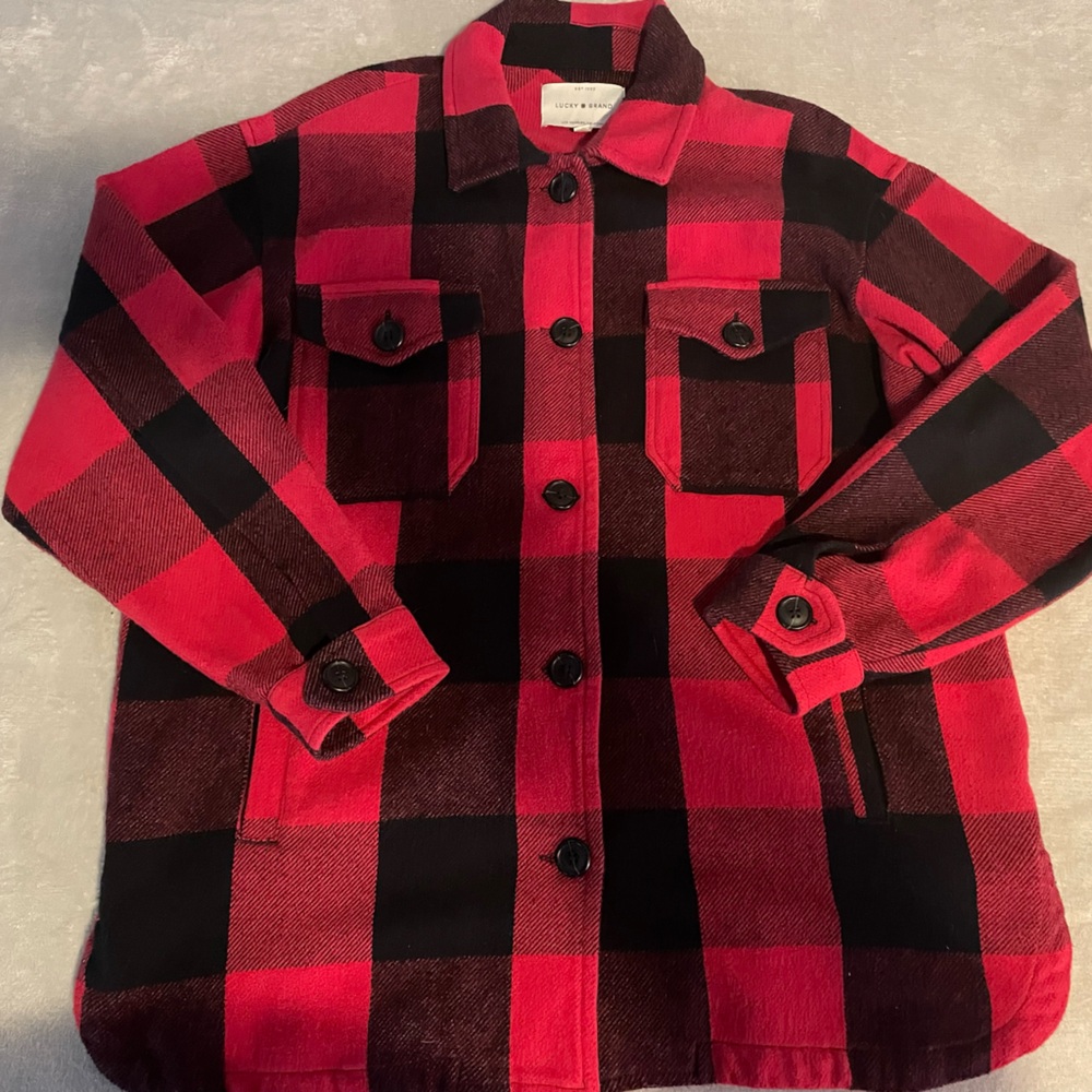 Lucky Brand Shacket Shirt Jacket Womens Small Buffalo Plaid Red Black